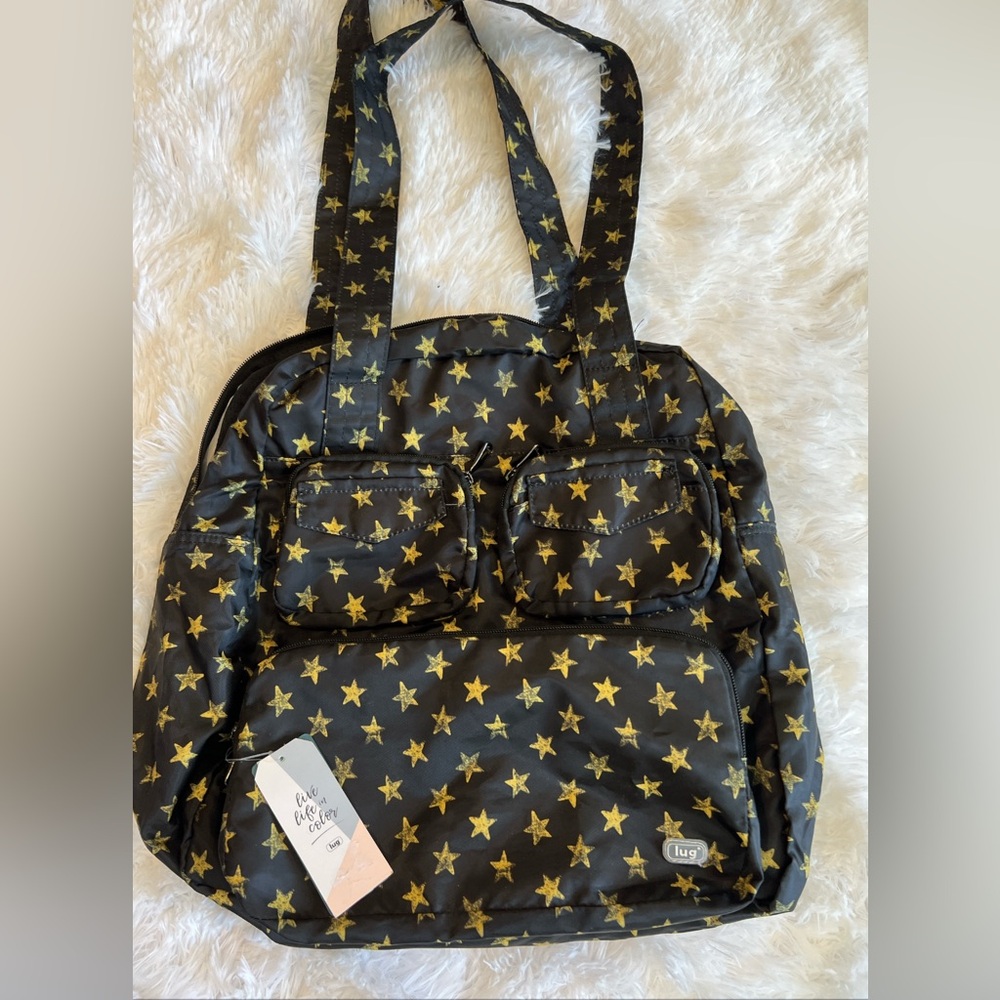 Lug puddle jumper carryall packable Black Tote with Gold Star Pattern